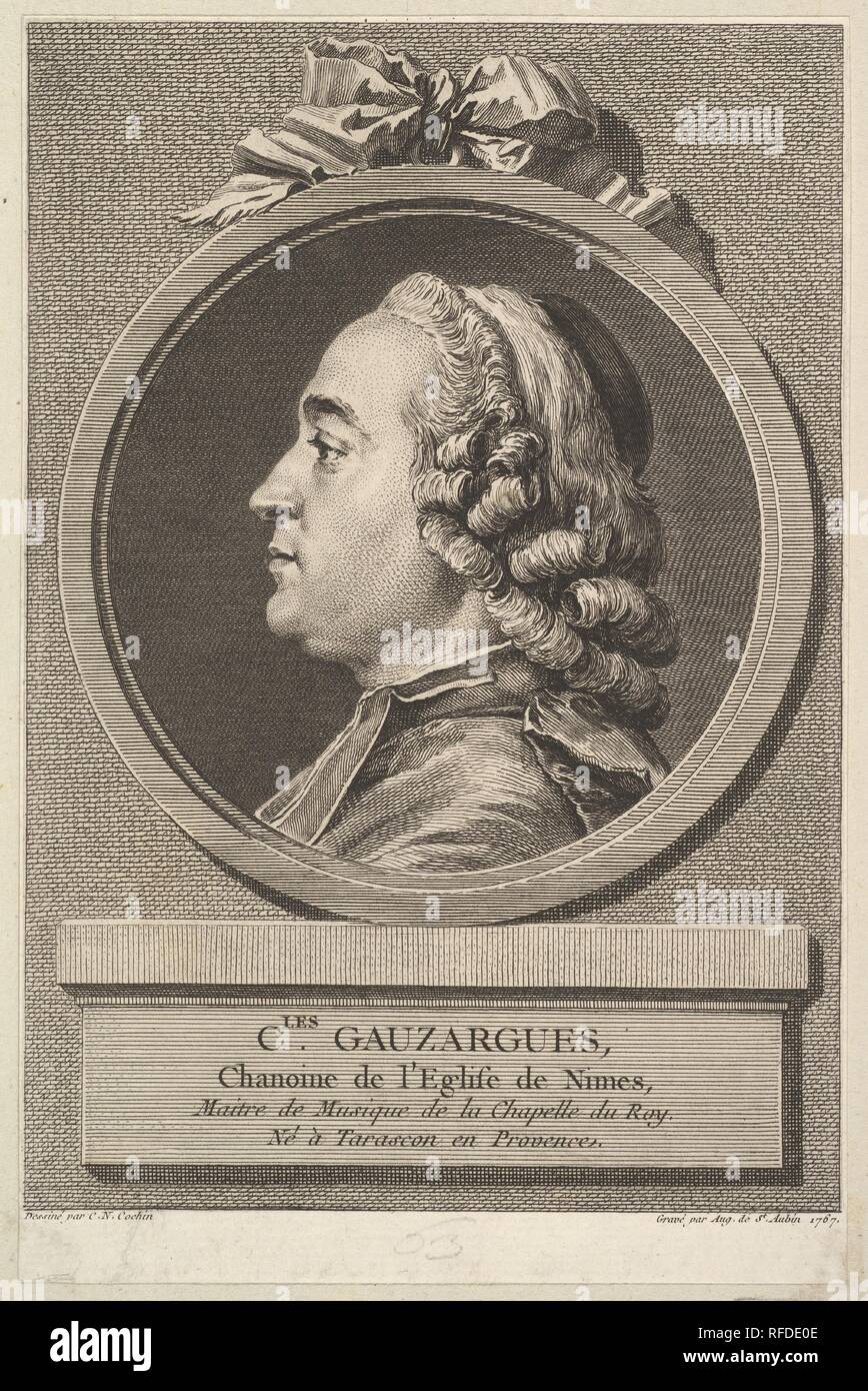 Ritratto di Carlo Gauzargues. Artista: Dopo Charles Nicolas Cochin II (francese, Parigi Parigi 1715-1790); Augustin de Saint-Aubin (francese, Parigi Parigi 1736-1807). Dimensioni: Mount: 10 11/16 × 10 9/16 in. (27,2 × 26,8 cm) foglio: 7 1/2 × 4 15/16 in. (19,1 × 12,6 cm). Data: 1767. Museo: Metropolitan Museum of Art di New York, Stati Uniti d'America. Foto Stock