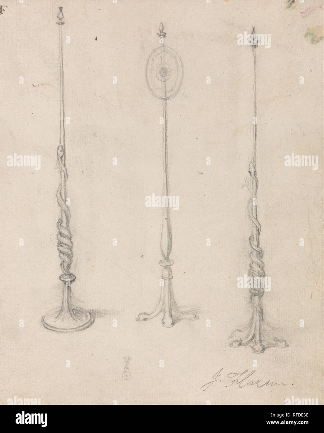 Studio di tre Lampstands. Disegno. Grafite su media, leggermente strutturata, la crema di latte di cui la carta. Altezza: 191 mm (7.51 in); larghezza: 152 mm (5,98 in). Autore: JOHN FLAXMAN. Foto Stock