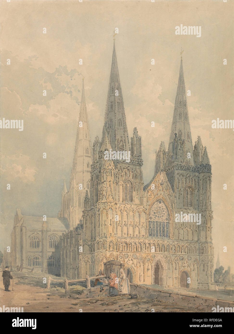 Lichfield Cathedral, Staffordshire. Data/Periodo: 1794. Disegno. Acquerello con penna a inchiostro grigio su grafite su moderatamente denso, moderatetly testurizzato, marrone, carta intessuta. Altezza: 383 mm (15.07 in); larghezza: 289 mm (11.37 in). Autore: Thomas Girtin. Foto Stock
