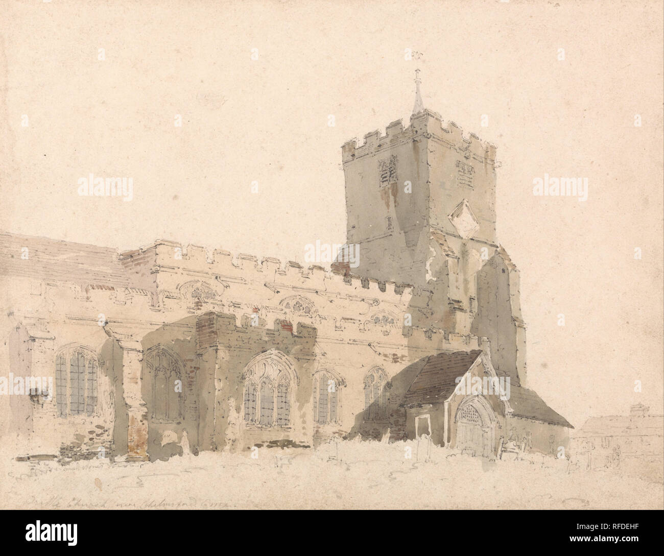 Writtle Chiesa, Essex. Data/Periodo: ca. 1795. La pittura. Acquerello. Altezza: 184 mm (7,24 in); larghezza: 243 mm (9,56 in). Autore: Thomas Girtin. Foto Stock