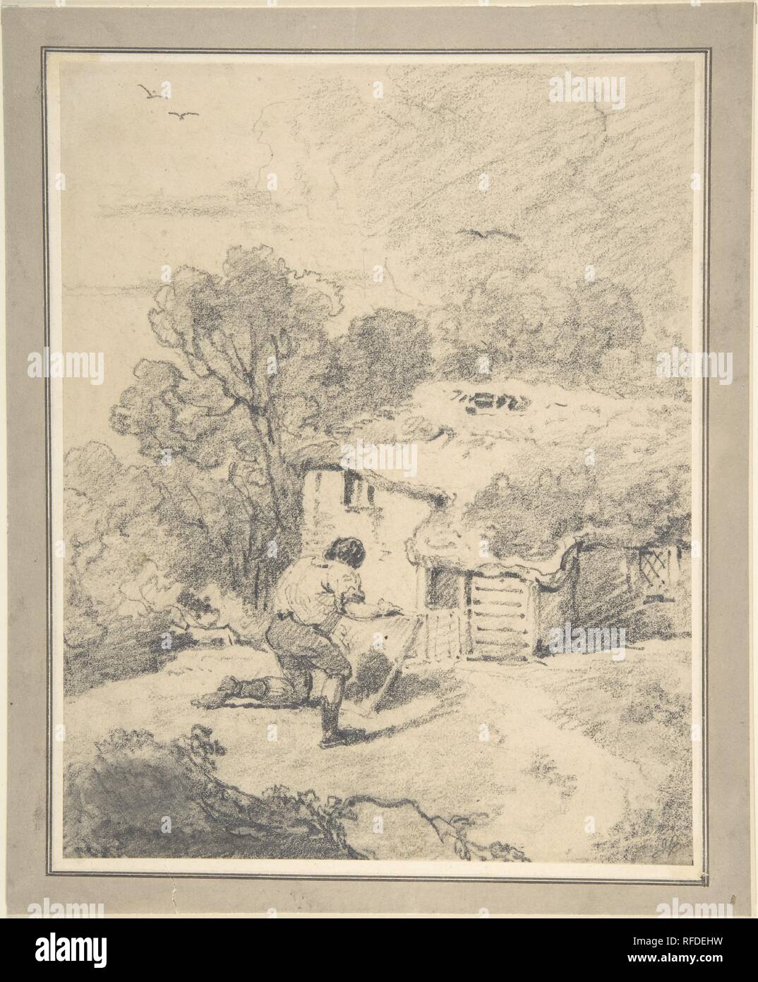 Paesaggio con figura. Artista: George Morland (British, Londra Londra 1763-1804). Dimensioni: foglio: 9 1/8 x 7 1/4 in. (23,2 x 18,4 cm). Ex attribuzione: John Constable (British East Bergholt 1776-1837 Hampstead). Data: 1763-1804. Museo: Metropolitan Museum of Art di New York, Stati Uniti d'America. Foto Stock