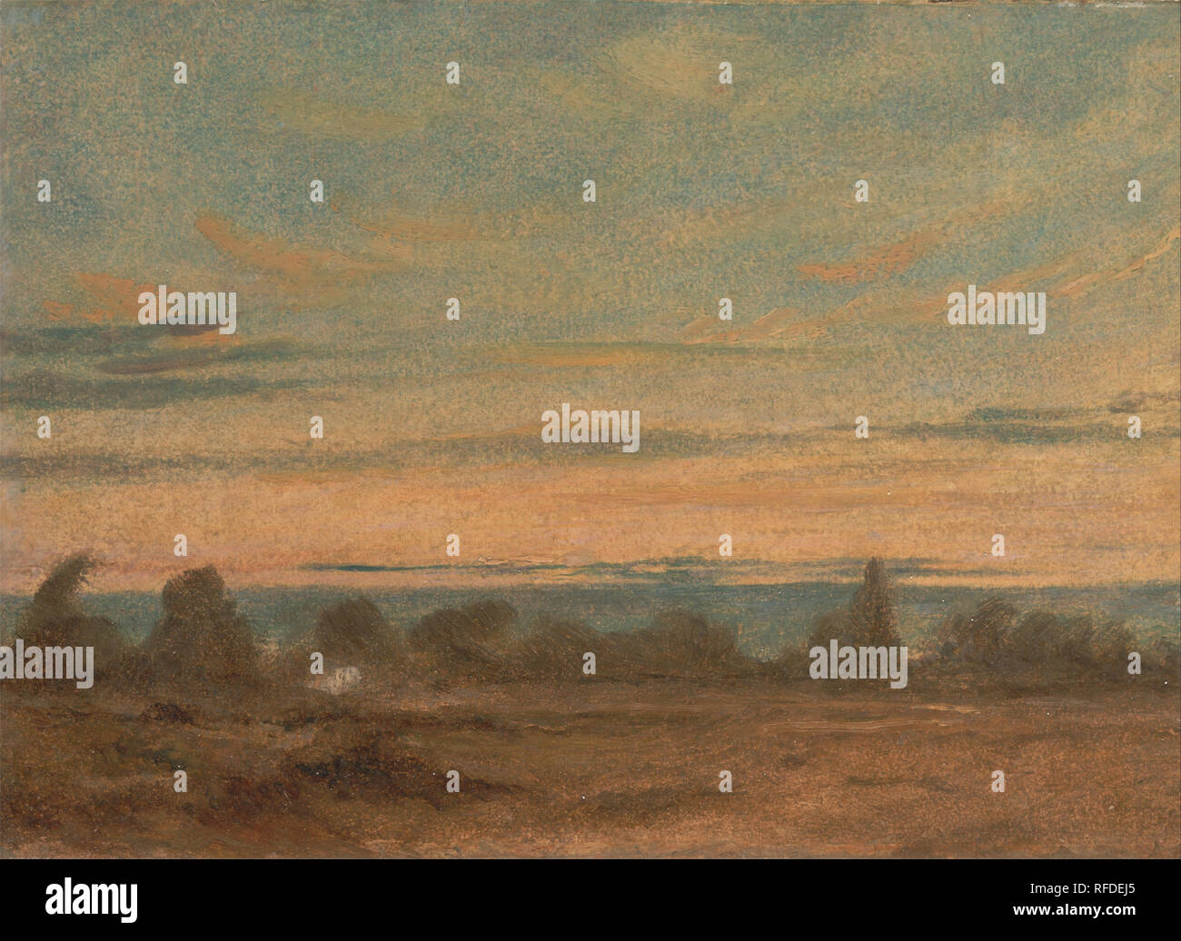 Estate - Paesaggio di sera. Data/Periodo: ca. 1825. La pittura. Olio su carta di cui alla tela. Altezza: 170 mm (6.69 in); larghezza: 222 mm (8,74 in). Autore: John Constable. Foto Stock