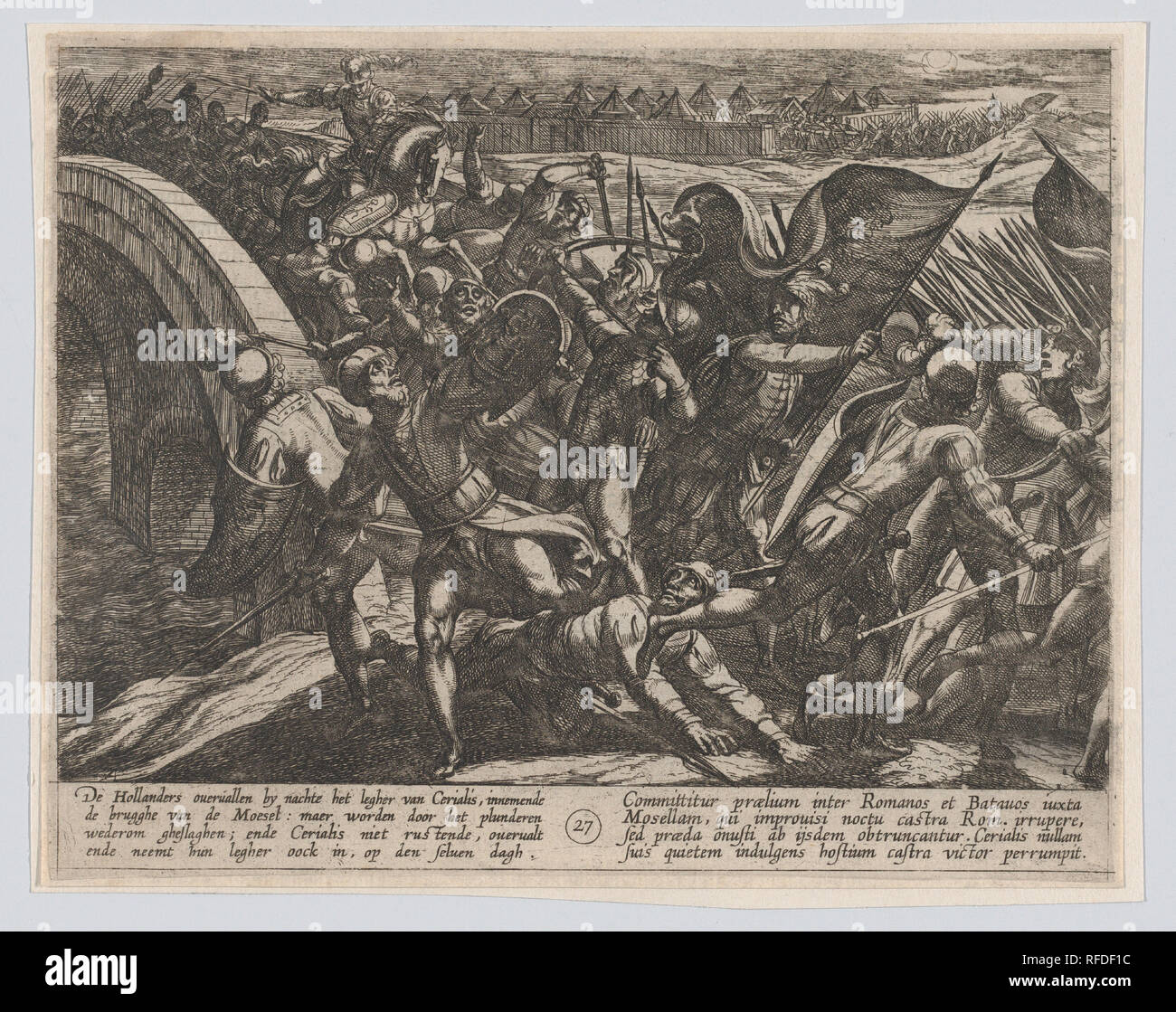 La piastra 27: l'olandese durante un attacco a sorpresa di l'accampamento romano sulla Mosella, dalla guerra dei Romani contro il Batavians (Romanorvm et Batavorvm societas). Artista: Antonio Tempesta (italiano, Firenze Roma 1555-1630); dopo otto van Veen (Netherlandish, Leiden 1556-1629 Bruxelles). Dimensioni: piastra: 6 11/16 x 8 5/16 in. (17 x 21,1 cm). Data: 1611. Museo: Metropolitan Museum of Art di New York, Stati Uniti d'America. Foto Stock