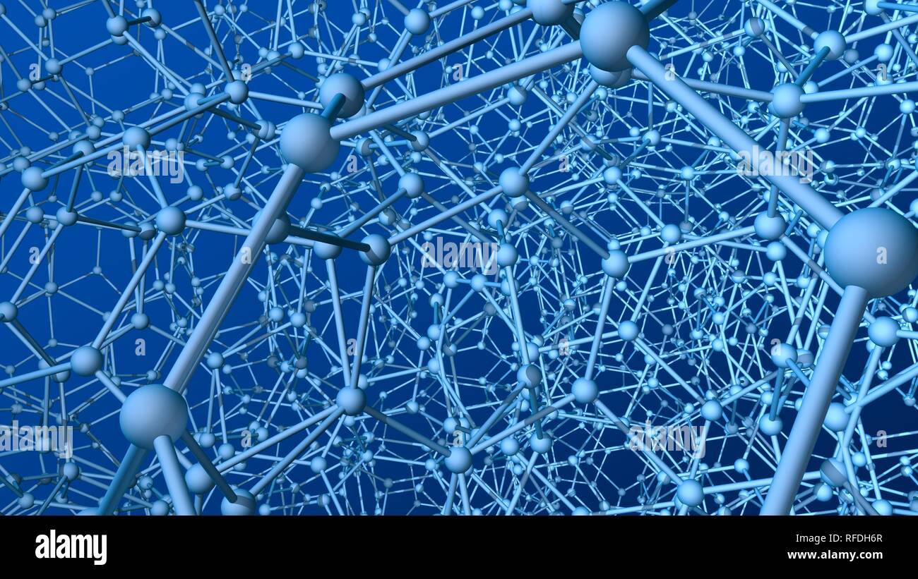 Struttura molto complessa formata da tubi e sfere come molecole con profondità di campo su sfondo blu. 3D illustrazione Foto Stock