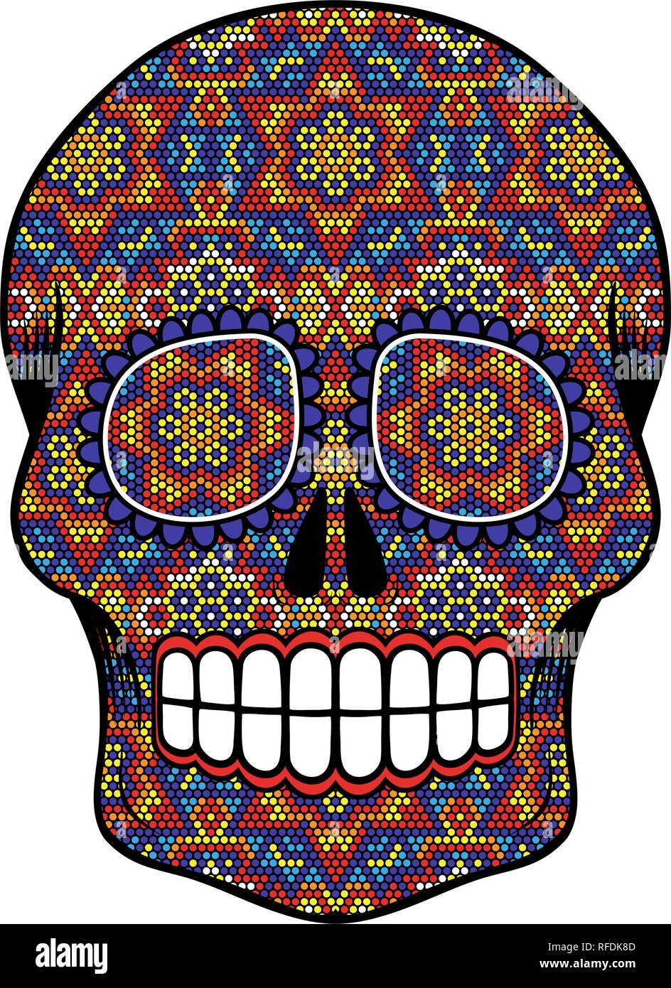 Illustrazione del cranio con puntini colorati, design inpired in arte huichol e tradizionale messicana teschi di zucchero isolato su bianco Illustrazione Vettoriale