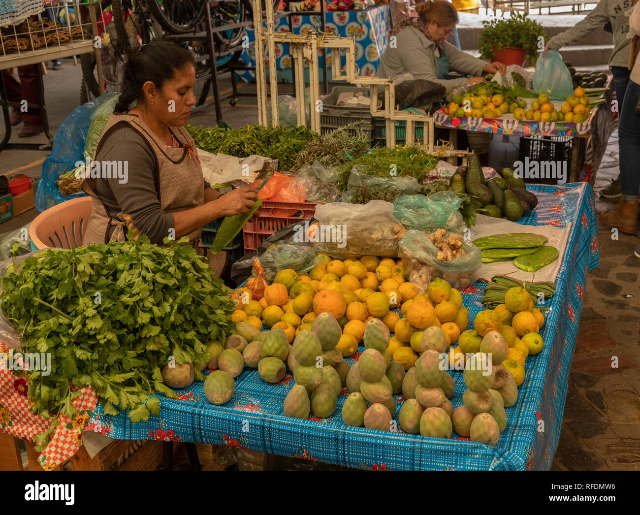 La frutta e la verdura in stallo, specializzata in servizi di ficodindia frutti e foglie; mercato, San Miguel De Allende, Messico centrale. Foto Stock