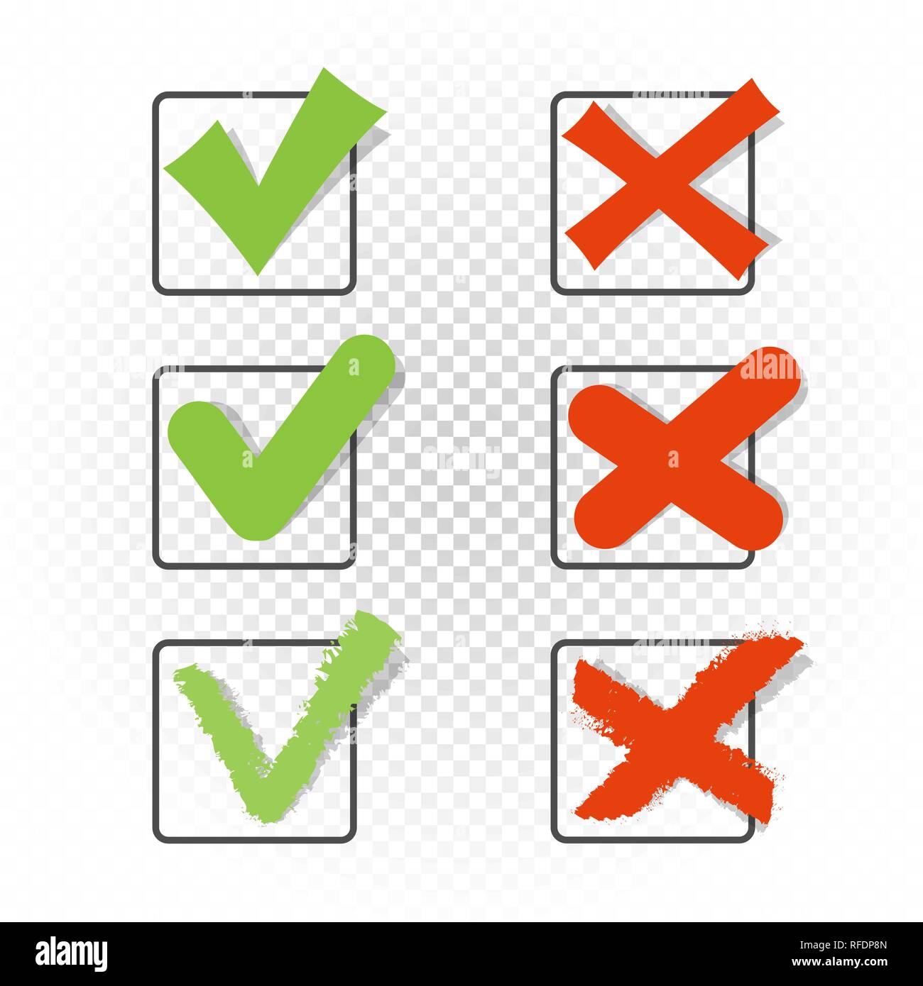 Voto casella quadrata firmare il set di simboli modello. Il segno di spunta verde spuntare pittogramma. Accettare d'accordo approvato correggere bene confermare o non è sbagliato cho non corretto Illustrazione Vettoriale
