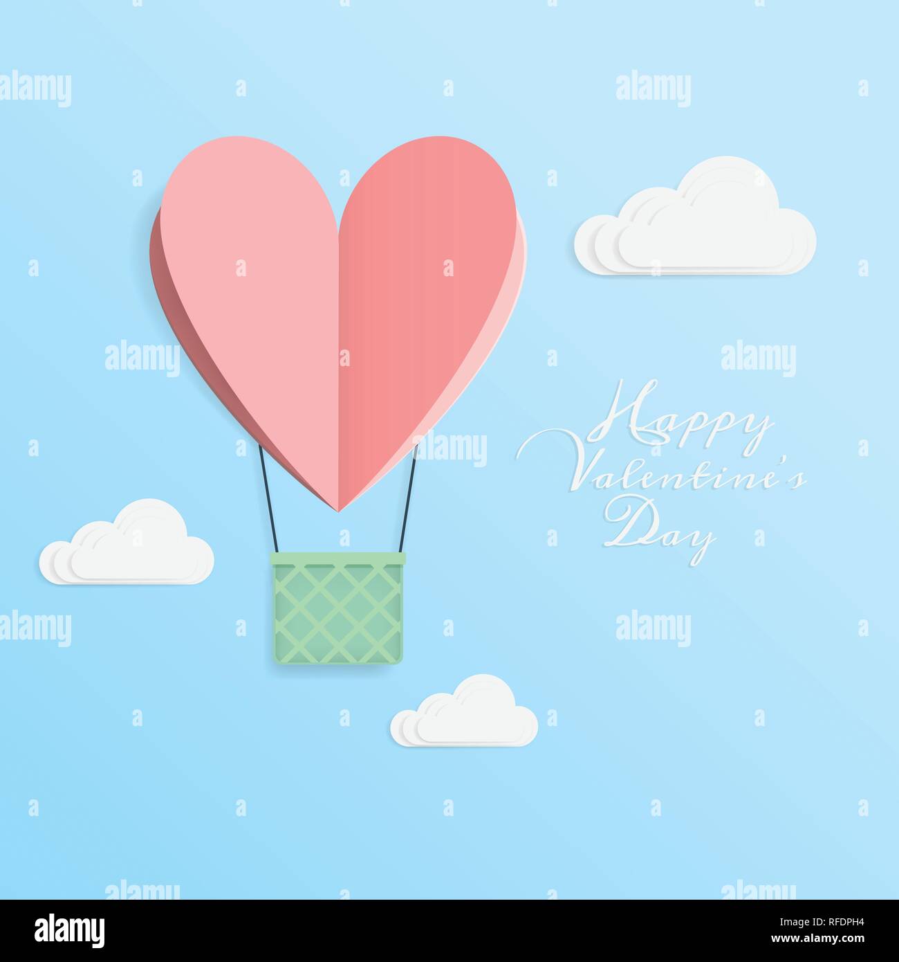 Vettore di amore e Buon San Valentino. origami con elementi di design di tagliare la carta fatta in mongolfiera ad aria calda in forma di cuore battenti con cestello fino al cielo con Illustrazione Vettoriale