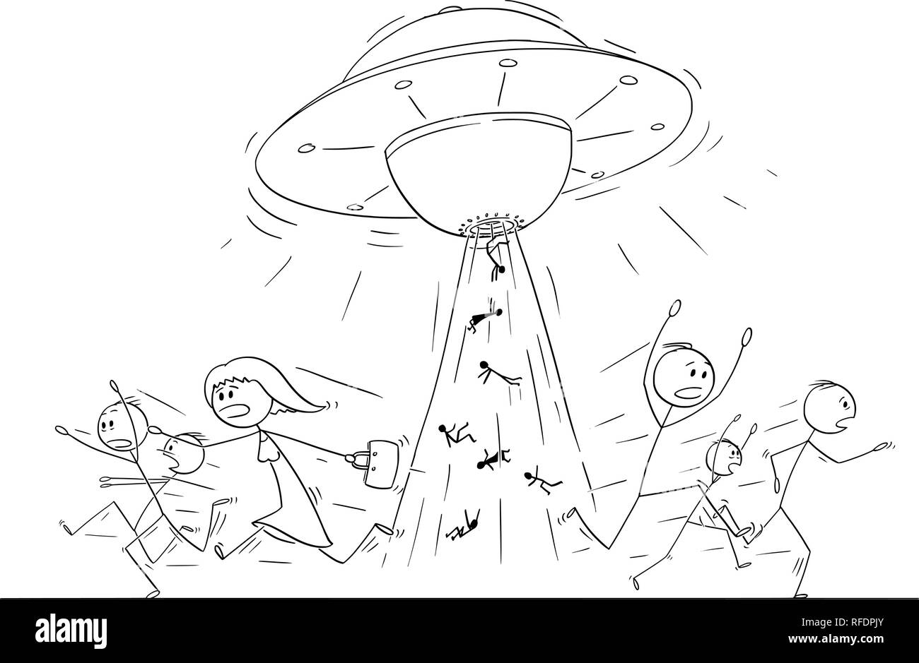 Disegno animato della folla di persone in esecuzione nel panico lontano da UFO o nave aliena rapire gli esseri umani Illustrazione Vettoriale
