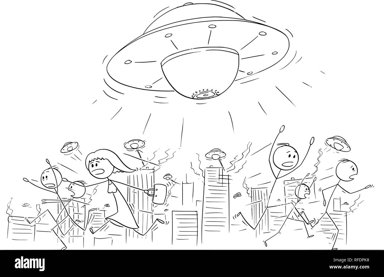 Disegno animato della folla di persone in esecuzione nel panico lontano da UFO o astronavi aliene che attacca la città Illustrazione Vettoriale