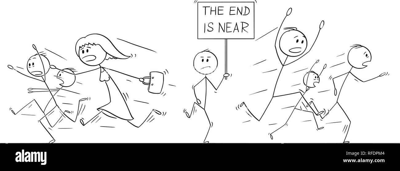 Disegno animato della folla di persone in esecuzione nel panico lontano da uomo con la fine è vicino a firmare Illustrazione Vettoriale