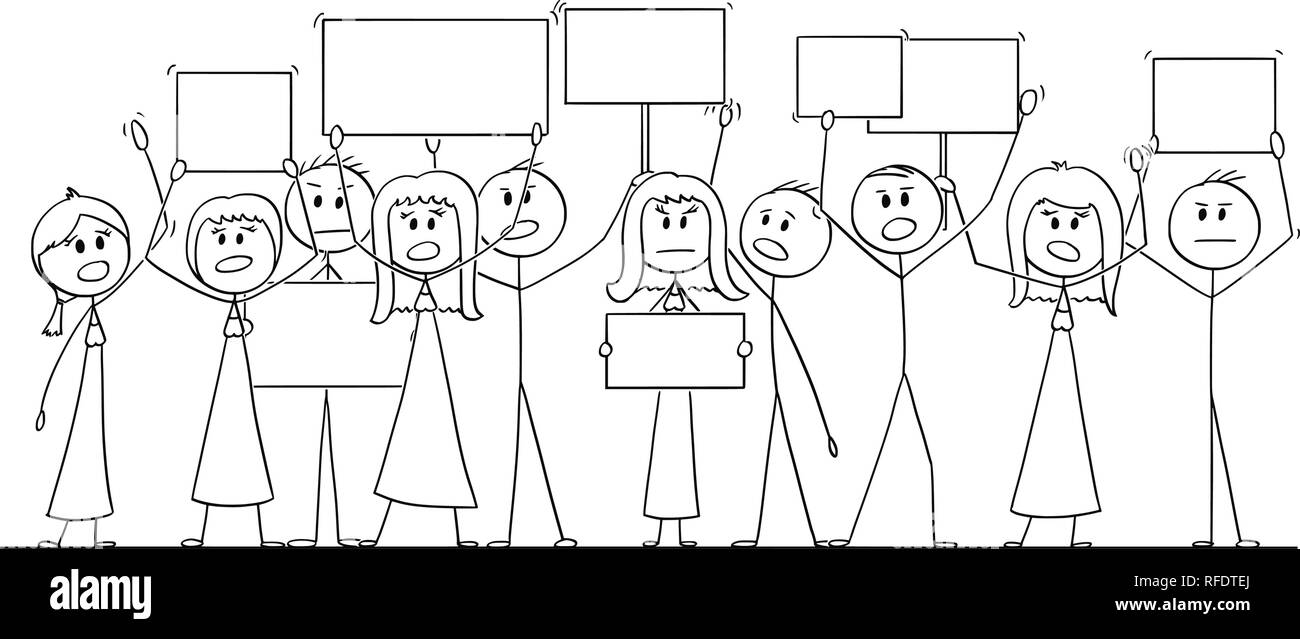 Disegno animato di un gruppo di persone che protestano con segni di vuoto Illustrazione Vettoriale