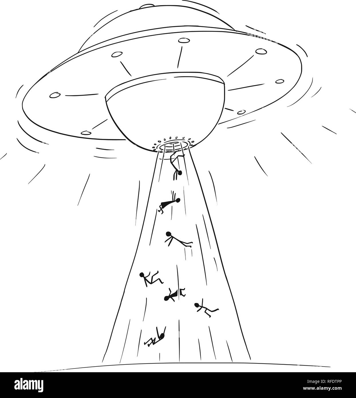Disegno animato di Alien nave spaziale o UFO rapire persone nel raggio di luce Illustrazione Vettoriale