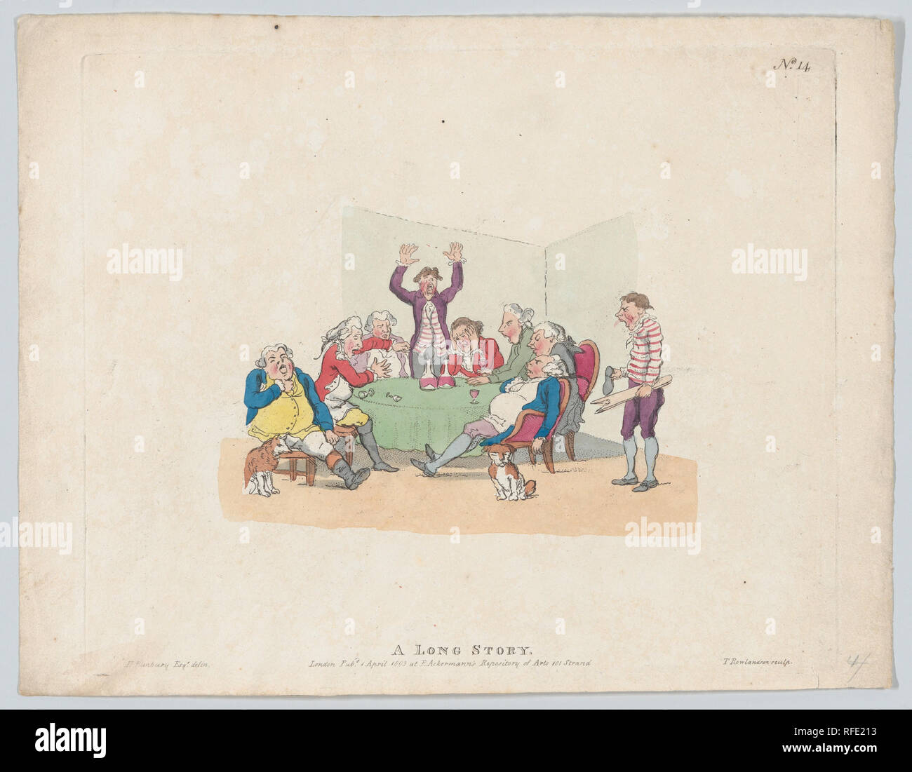 Una lunga storia. Artista: Henry William Bunbury (British, Mildenhall Suffolk, 1750-1811 Keswick, Cumberland). Dimensioni: Piastra: 7 13/16 x 9 3/8 in. (19,8 × 23,8 cm) foglio: 8 1/4 × 10 13/16 in. (21 × 27,5 cm). Incisore: Thomas Rowlandson (British, Londra Londra 1757-1827). Editore: Rudolph Ackermann, Londra (attivo 1794-1829). Data: Aprile 1, 1803. Museo: Metropolitan Museum of Art di New York, Stati Uniti d'America. Foto Stock