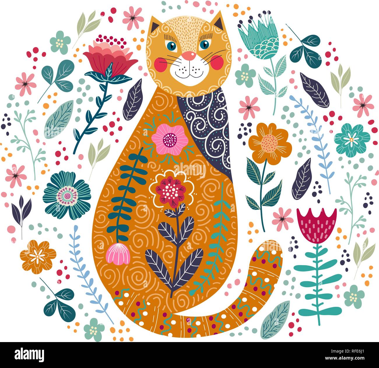 Vettore d'arte illustrazione colorata con cute cat e fiori su uno sfondo bianco. Illustrazioni per la decorazione di interni e per l'uso in fase di progettazione Illustrazione Vettoriale