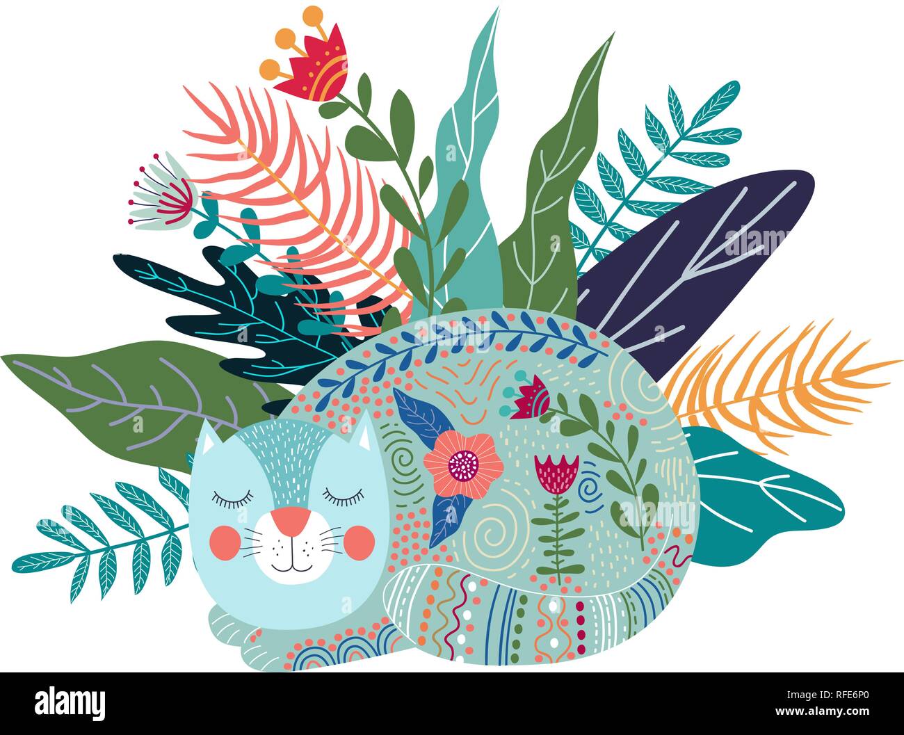 Vettore d'arte colorata illustrazione isolato con simpatico gatto pelo, fiori ed erba. Illustrazioni per la decorazione di interni e per l'uso in fase di progettazione Illustrazione Vettoriale