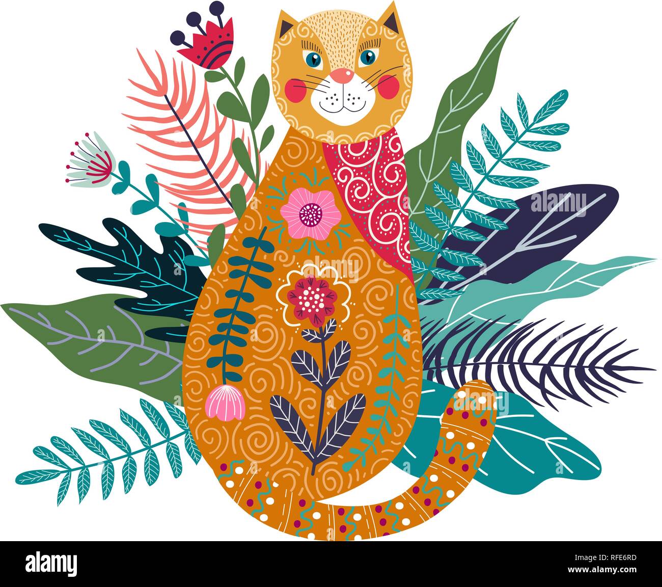 Vettore d'arte colorata illustrazione isolato con zenzero cute cat, fiori ed erba. Illustrazioni per la decorazione di interni e per l'uso in fase di progettazione Illustrazione Vettoriale