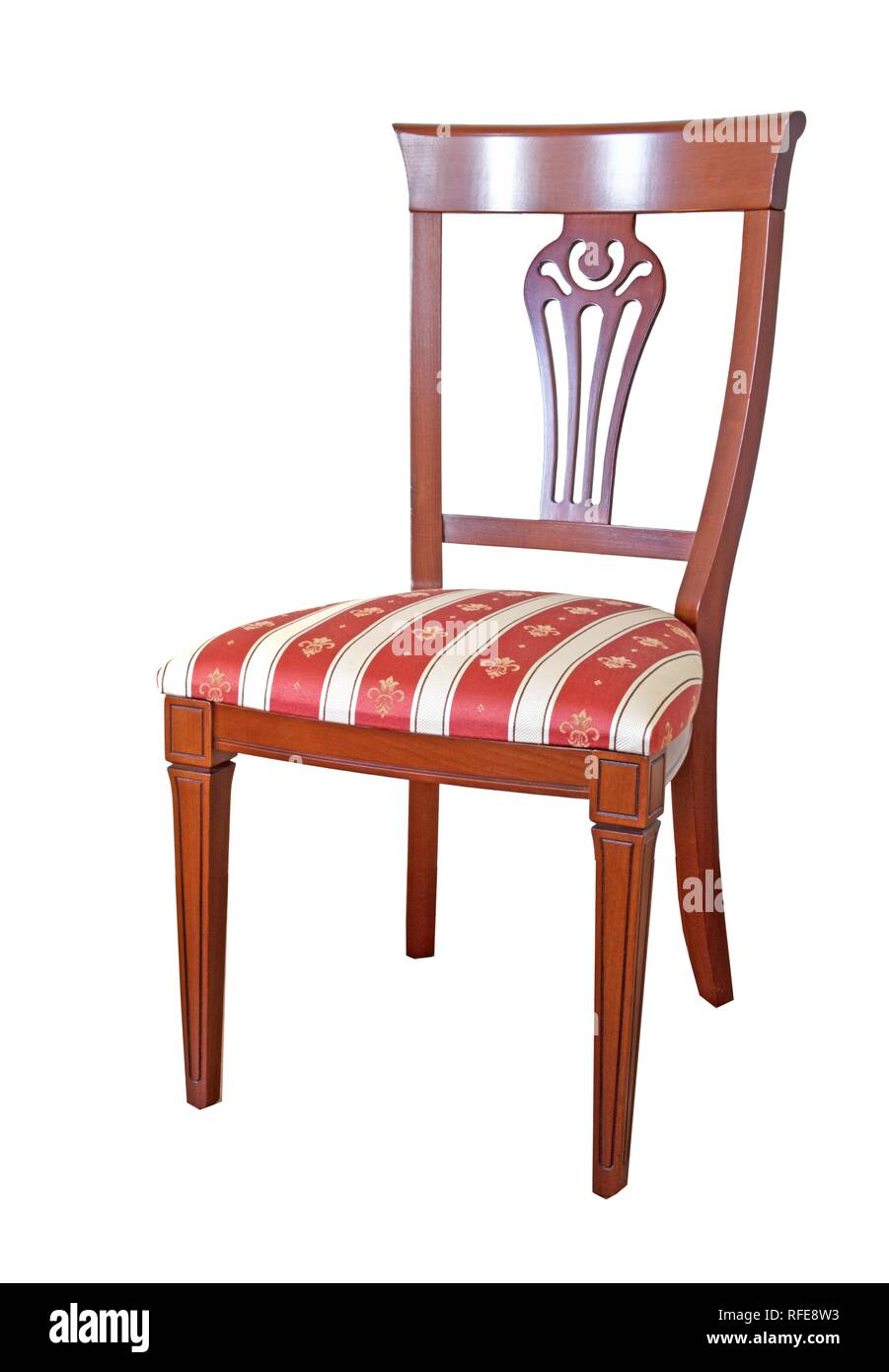 La sedia è fatta in stile classico dal rosso di legno e tappezzeria da un arazzo. Foto Stock