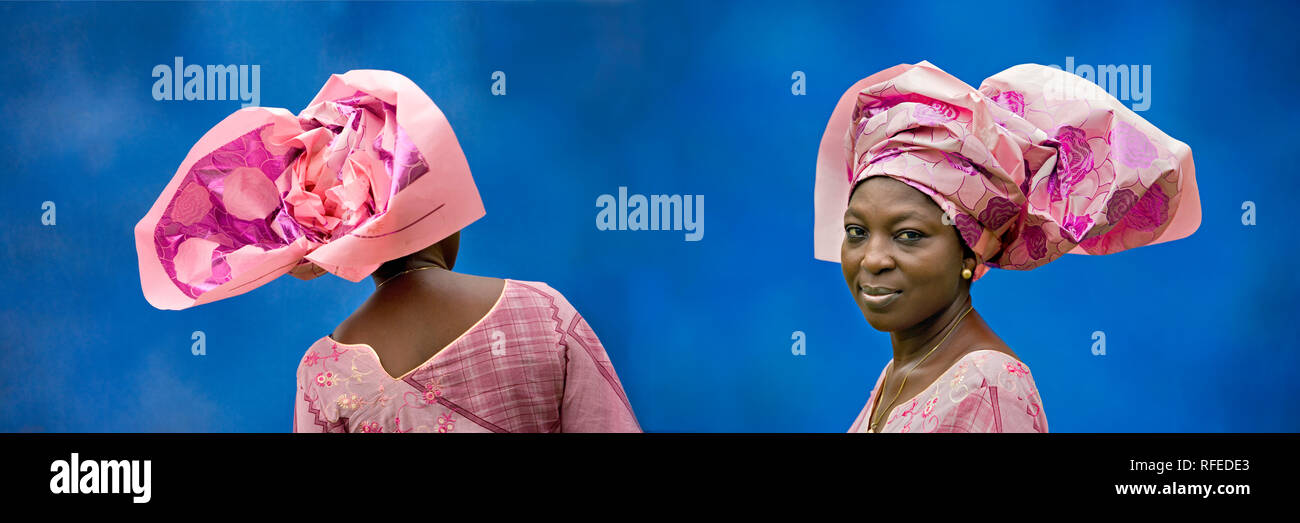 La Nigeria, Lagos Stato, Lagos, donna che indossa la testa tirante, due immagini fuse. Foto Stock