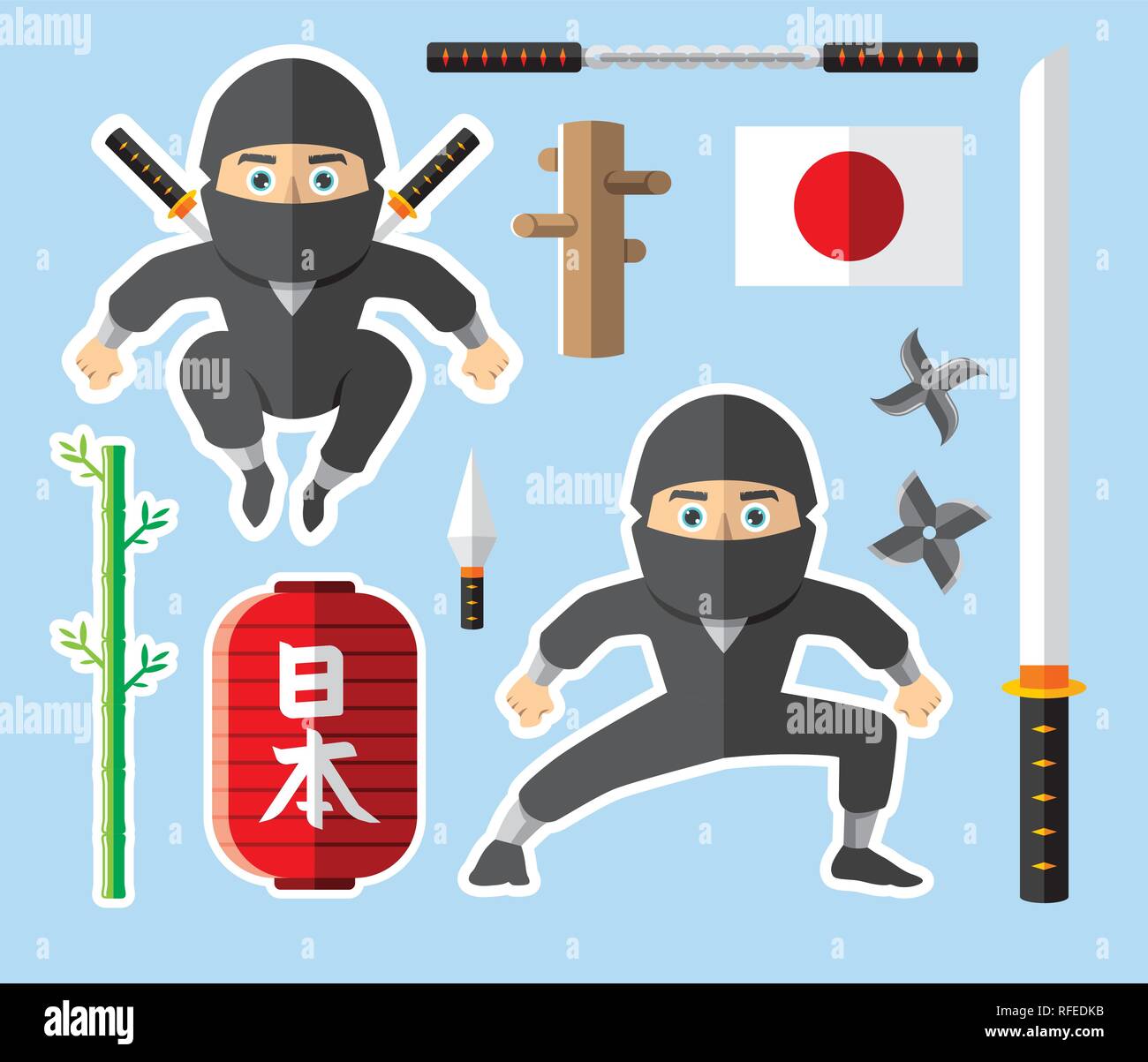 Set di Ninja consistono di Katana spada samurai, shuriken, doppia bastoni, bambù e Kunai illustrazione Design piatto. Facile da modificare Illustrazione Vettoriale