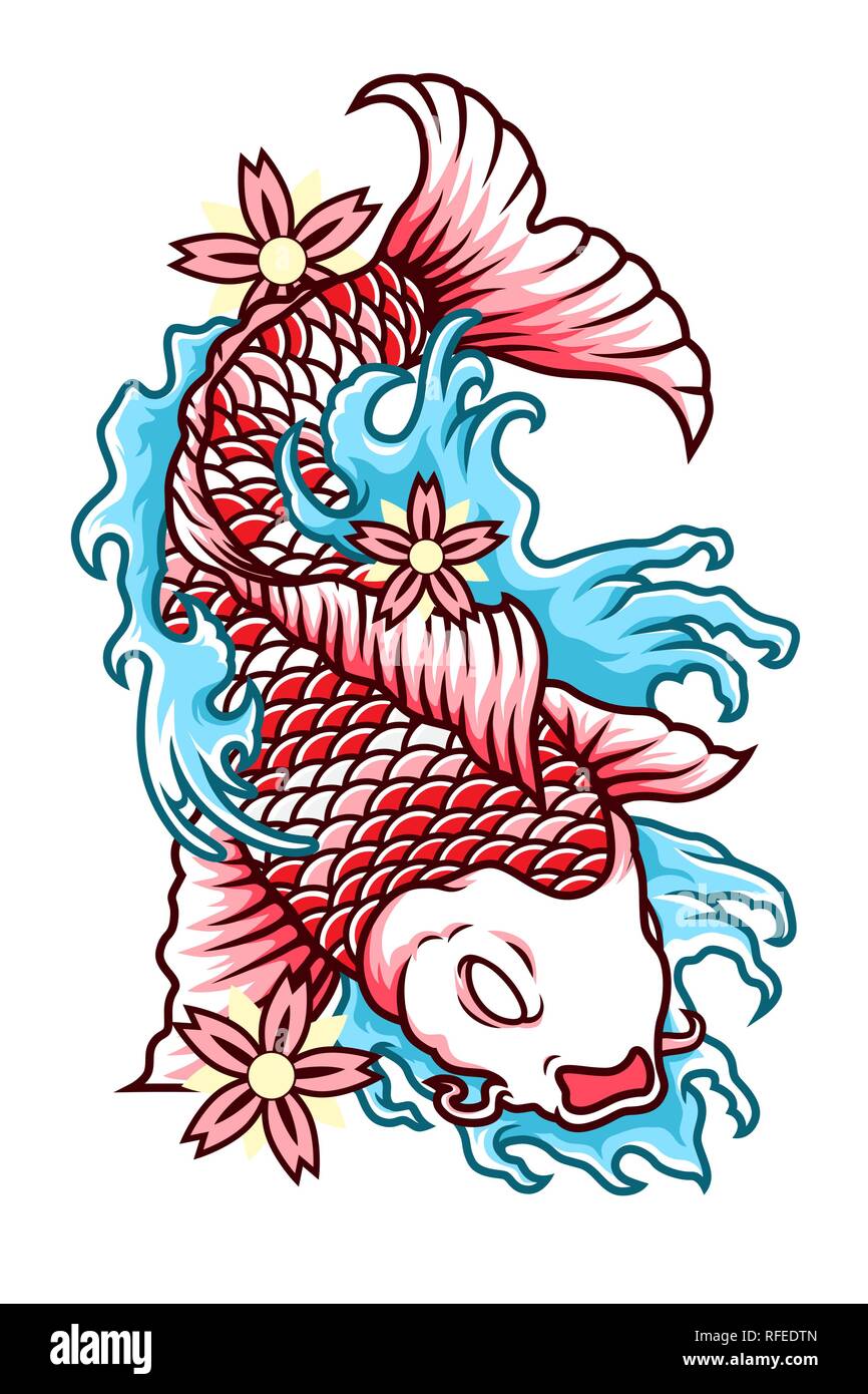 Giappone pesce Koi Illustrazione Vettore in stile tatuaggio Illustrazione Vettoriale