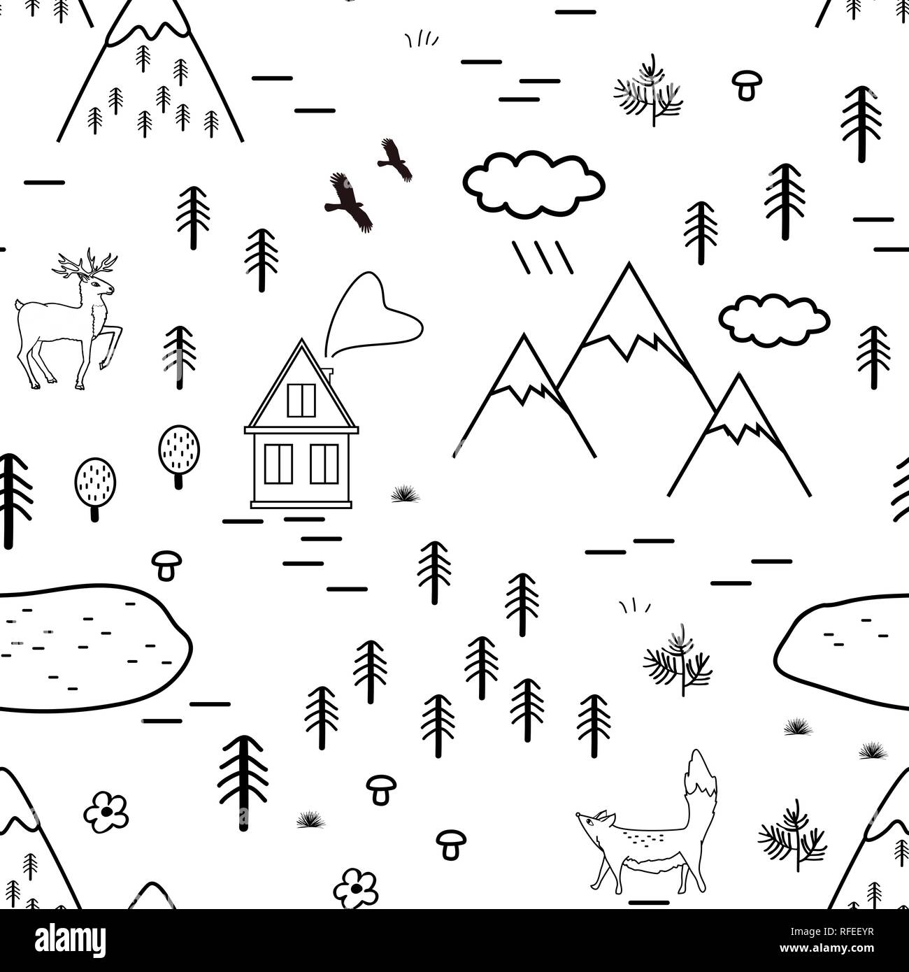 Disegnato a mano paesaggio scandinavo con animali, alberi, sul lago e sulle montagne, seamless pattern. Lo stile scandinavo motivi tradizionali. Vettore. Illustrazione Vettoriale