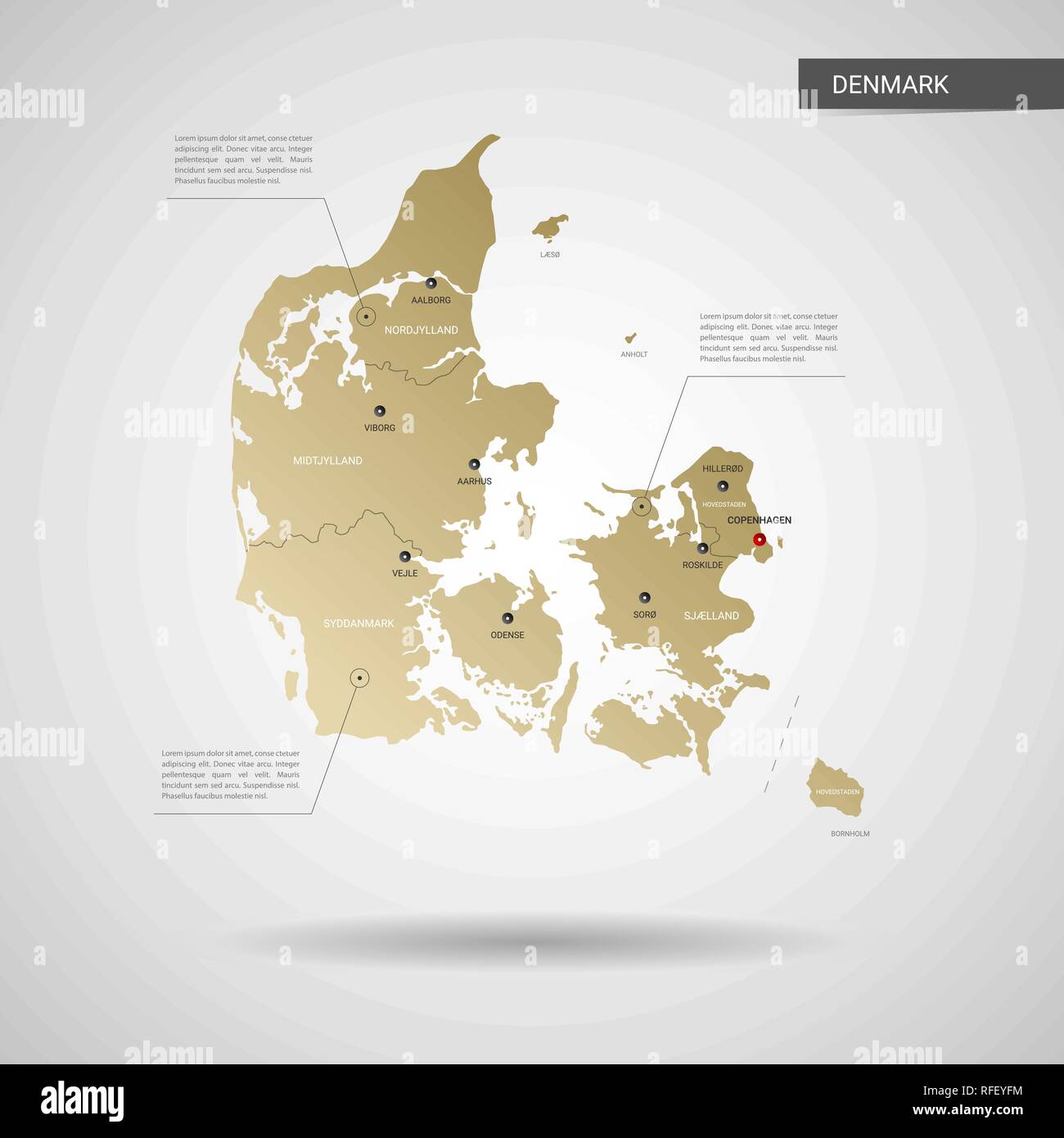 Vettore stilizzati Danimarca mappa. Una infografica 3d oro illustrazione mappa con le città, le frontiere, il capitale e le divisioni amministrative e il puntatore di marchi, ombra; Illustrazione Vettoriale