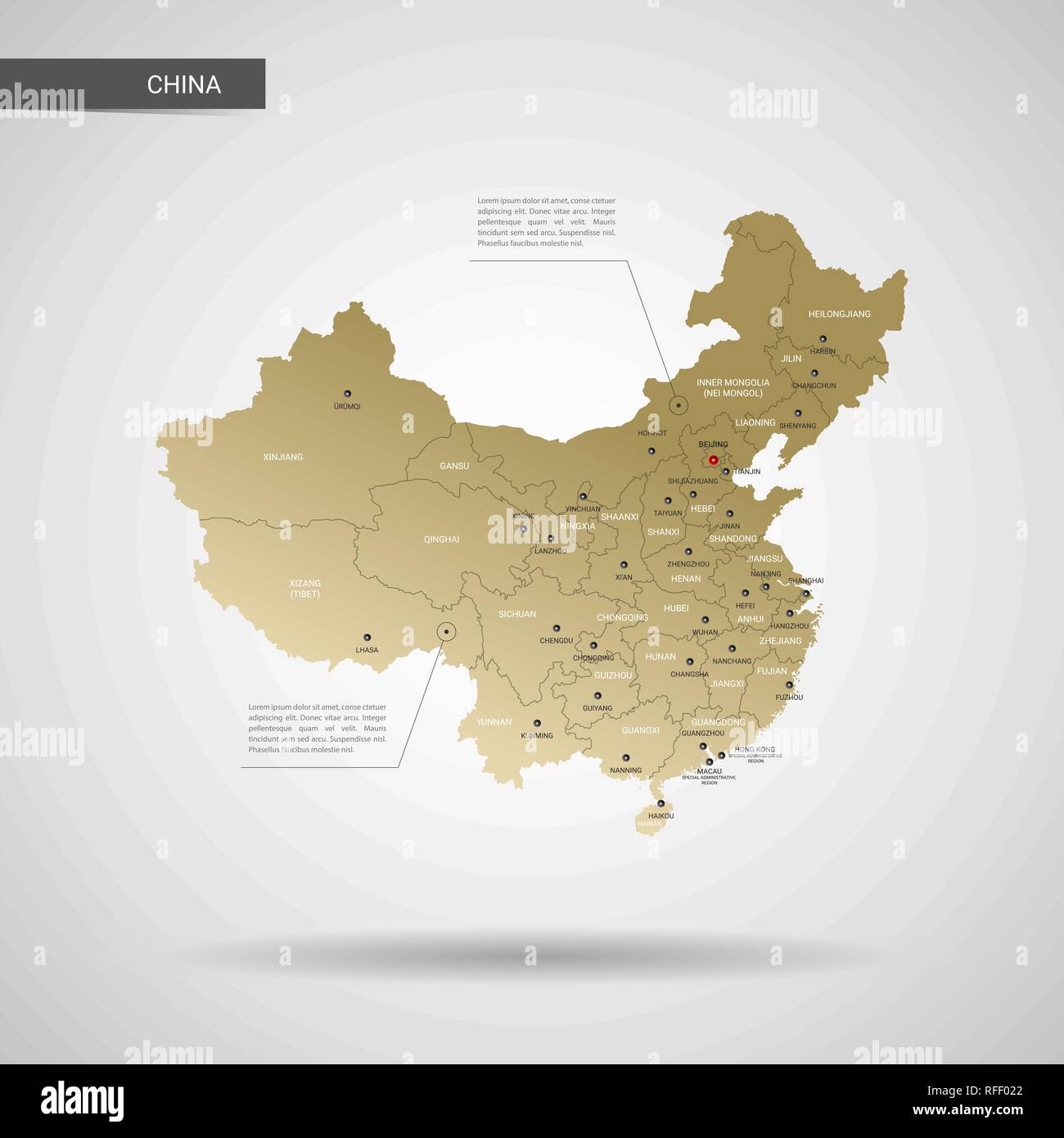 Vettore stilizzati Cina mappa. Una infografica 3d oro illustrazione mappa con le città, le frontiere, il capitale e le divisioni amministrative e il puntatore di marchi, ombra; gr Illustrazione Vettoriale