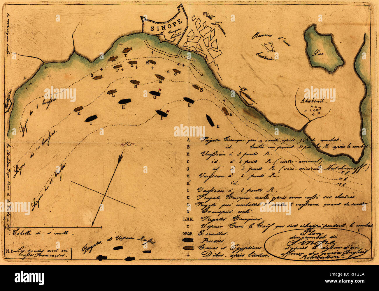 Plan du Combat de Sinope (piano di battaglia di Sinope). Data: 1853. Medio: l'attacco toccato con acquarello. Museo: National Gallery of Art di Washington DC. Autore: CHARLES MERYON. Meryon Charles. Foto Stock