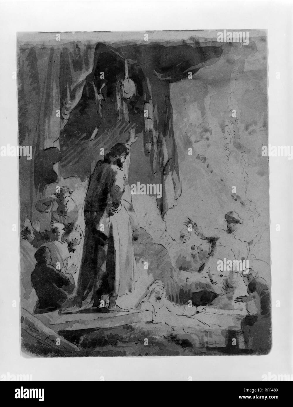 Resurrezione di Lazzaro (da Sketchbook). Artista: Thomas Sully (American, Horncastle, Lincolnshire 1783-1872 Philadelphia, Pennsylvania). Dimensioni: 9 x 11 1/2 in. (22,9 x 29,2 cm). Data: 1810-20. Nel 1809, il prolifico Sully si recò a Londra ed è entrato l'insegnamento studio di Benjamin West (1738-1820), che ha introdotto anche lui di altri importanti artisti tra cui Sir Thomas Lawrence (1769-1830). A Londra, Sully sviluppato il suo entusiasmo per il disegno, a utilizzarlo per effettuare gli studi preparatori per i suoi ritratti, registrare idee e copiare le opere di altri artisti. Questo foglio appartiene a un taccuino che S Foto Stock