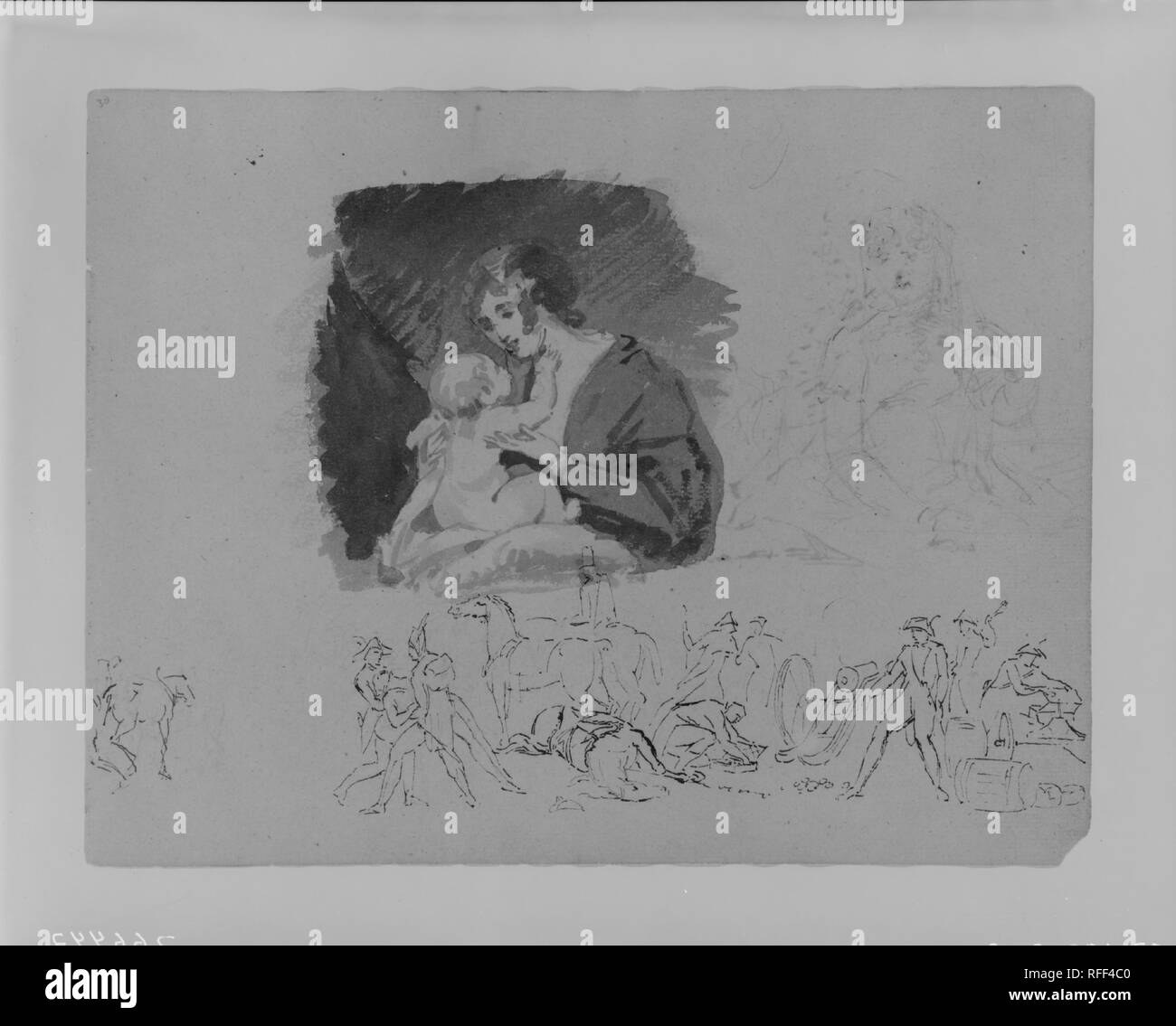 La madre e il bambino; il Ritratto di una donna, Battlefield Scena (da Sketchbook). Artista: Thomas Sully (American, Horncastle, Lincolnshire 1783-1872 Philadelphia, Pennsylvania). Dimensioni: 9 x 11 1/2 in. (22,9 x 29,2 cm). Data: 1810-20. Museo: Metropolitan Museum of Art di New York, Stati Uniti d'America. Foto Stock