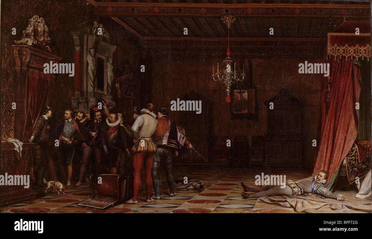 L'assassinat du Duc de Guise au Château de Blois en 1588. Data/Periodo: 1834. La pittura. Olio su tela. Altezza: 570 mm (22.44 in); larghezza: 980 mm (38.58 in). Autore: Paul DELAROCHE. DELAROCHE, Paolo. Delaroche, Paolo Hippolyte. Foto Stock