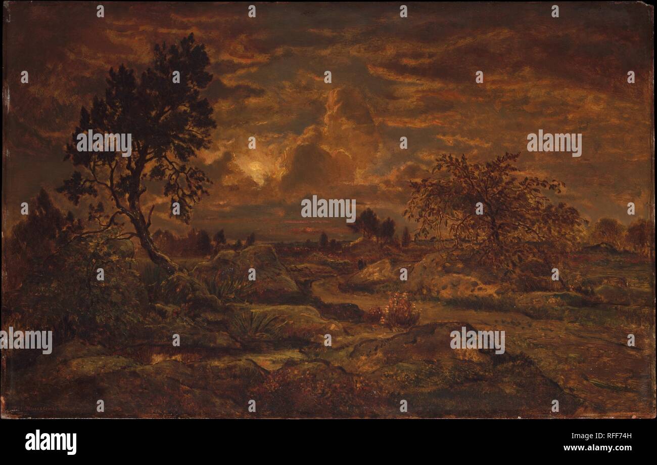 Tramonto vicino Arbonne. Artista: Théodore Rousseau (francese, Parigi 1812-1867 Barbizon). Dimensioni: 25 1/4 x 39 in. (64,1 x 99,1 cm). Data: ca. 1860-65. Circa tre miglia separano il villaggio di Barbizon, dove Rousseau si stabilirono nel 1836, e questo Sito al margine della foresta di Fontainebleau. Artisti romantici erano stati a lungo attratti da Arbonne di affioramenti rocciosi, massi e strane, alberi intrecciati. Questo dipinto con la sua accresciuta colore, i forti contrasti di tonalità e varie texture, è caratteristica della foresta tramonti dipinti durante l'ultima decade di Rousseau carriera. In tutto Foto Stock