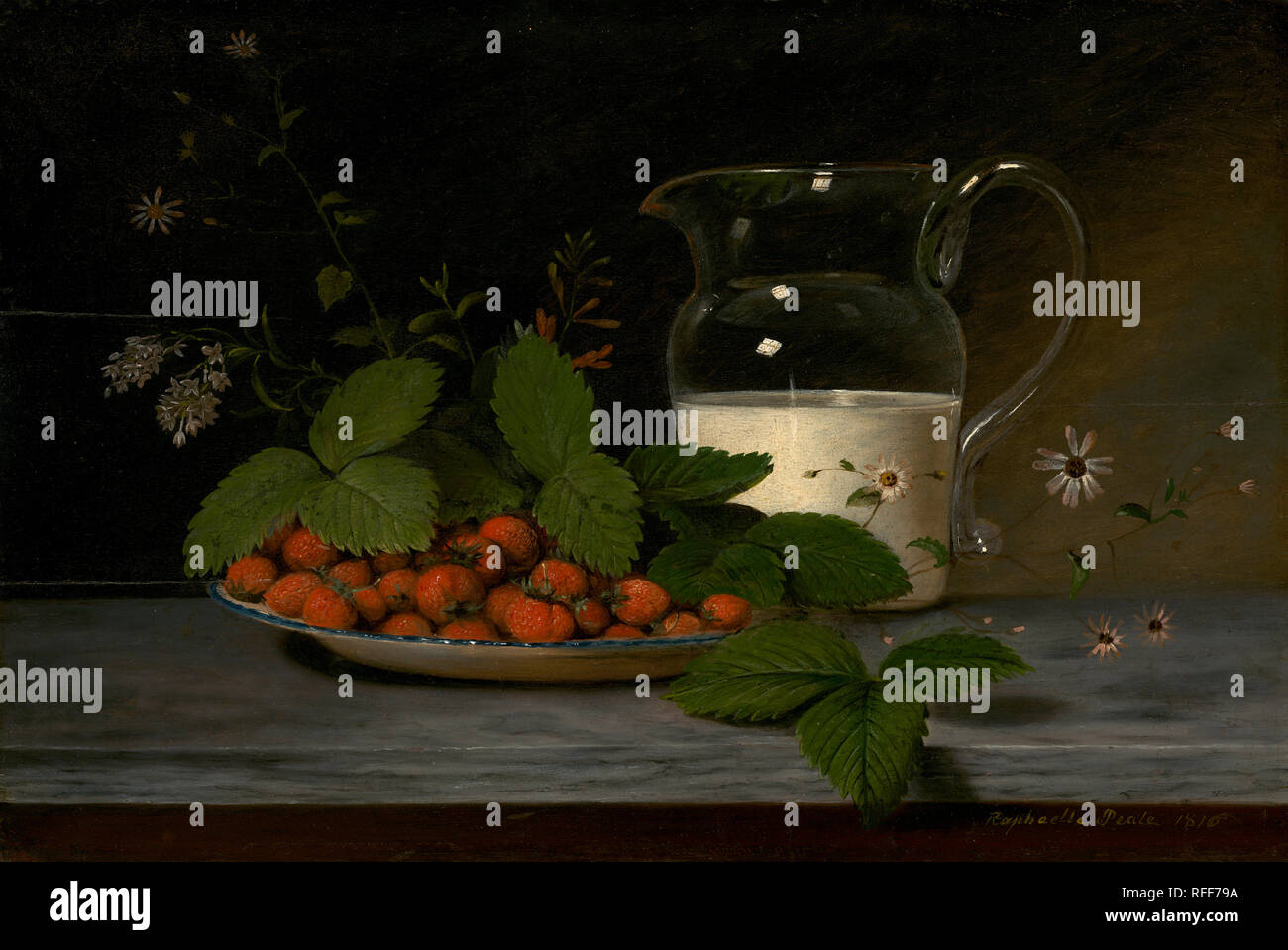 Fragole e panna. Data: 1816. Dimensioni: complessivo: 33.34 49.53 × cm (13 1/8 × 19 1/2 in.) incorniciato: 44.77 60.64 × × 4,29 cm (17 5/8 × 23 7/8 × 1 11/16 in.). Medium: Olio su legno. Museo: National Gallery of Art di Washington DC. Autore: Raphaelle Peale. Foto Stock