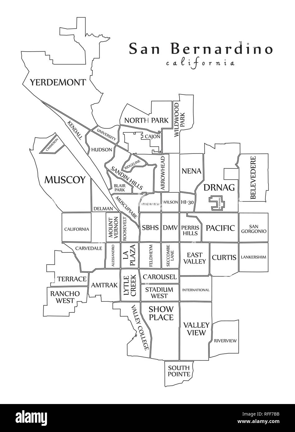 Città moderna mappa - San Bernardino California città degli Stati Uniti con i quartieri e delinea i titoli Illustrazione Vettoriale