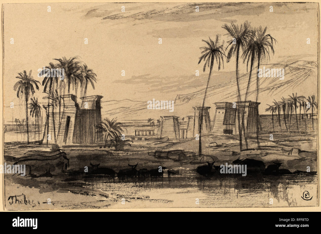 Tebe. Data: 1884/1885. Dimensioni: foglio: 9,7 x 14,6 cm (3 13/16 x 5 3/4 in.). Medium: nero e grigio il lavaggio delle tracce di grafite su carta. Museo: National Gallery of Art di Washington DC. Autore: Edward Lear. Foto Stock