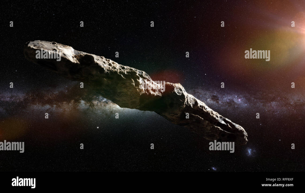 Oumuamua è attiva una cometa, oggetto interstellare passando attraverso il sistema solare, di forma insolita asteroide (spazio 3D illustrazione, gli elementi di questo ho Foto Stock