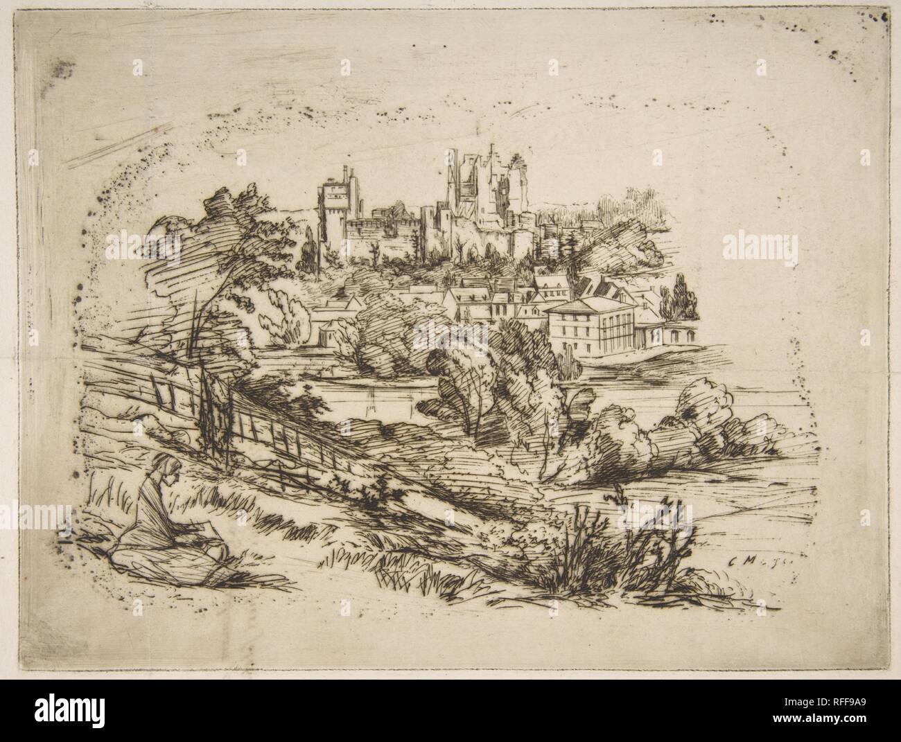 Ruines du Château de Pierrefonds (Le rovine del Château de Pierrefonds, dopo Viollet-le-Duc). Artista: Charles Meryon (Francese, 1821-1868); dopo Eugène-Emmanuel Viollet-le-Duc (francese, Parigi 1814-1879 Losanna). Dimensioni: piastra: 6 x 8 1/8 in. (15,2 x 20,6 cm). Data: 1858. Museo: Metropolitan Museum of Art di New York, Stati Uniti d'America. Foto Stock