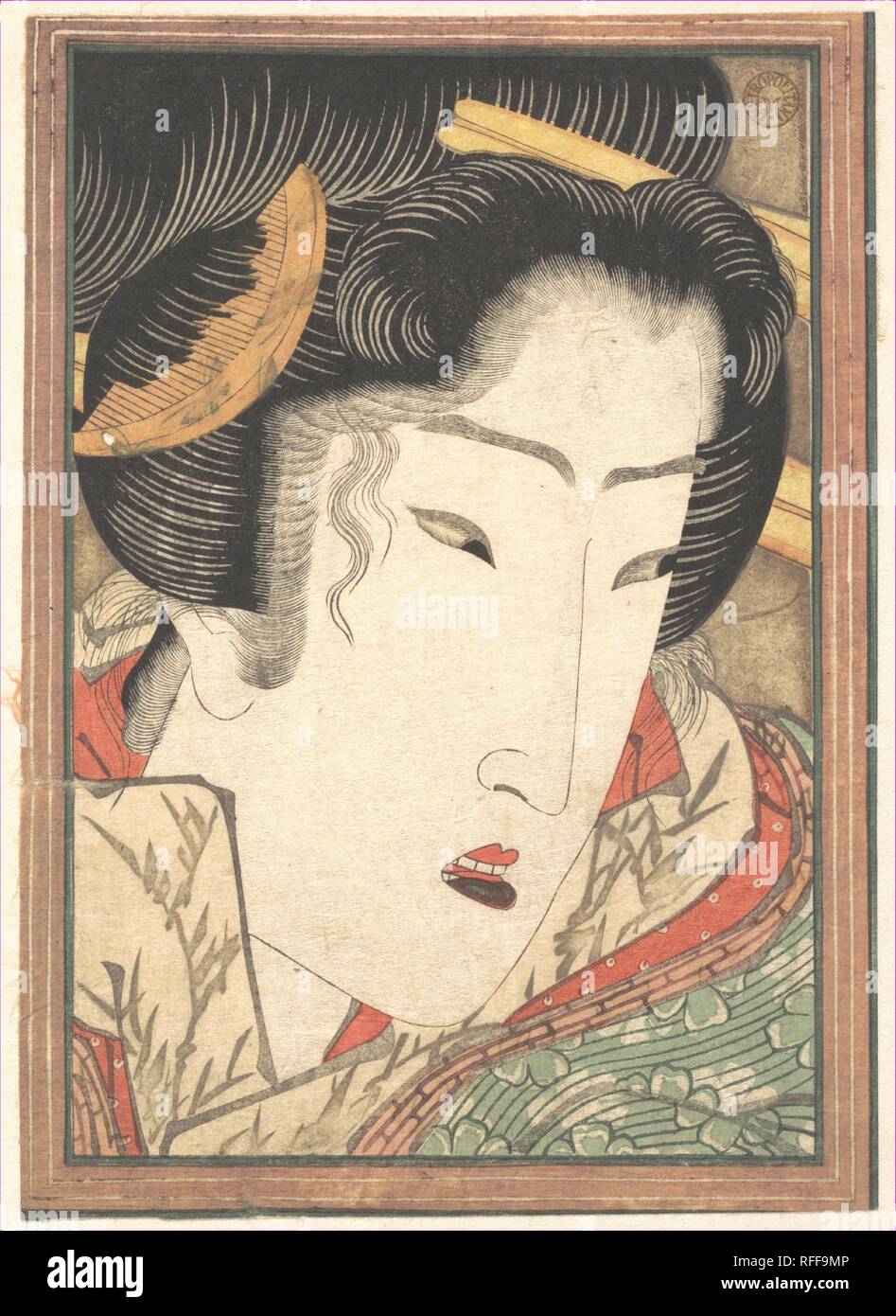 Respinta la geisha dalle passioni raffreddato da neve di primavera. Artista: Keisai Eisen (giapponese, 1790-1848). Cultura: il Giappone. Dimensioni: H. 7. (17,8 cm); W. 5. (12,7 cm). Data: 1824. Uno dei più eccentrici ukiyo-e artisti, Eisen era frequentemente trovato ubriaco nei bordelli e nei suoi ultimi anni divenne effettivamente il proprietario di uno stesso. Il suo coquette è un grido lontano dalla bellissima aristocratica bellezza ritratto circa tre decenni prima di Utamaro. La sua funzionalità angolare, lungo gli occhi a mandorla, aperto a metà busbana francese le labbra con un tocco di verde cangiante, Little Red Ribbon e suggestiva insenatura di un dito b Foto Stock
