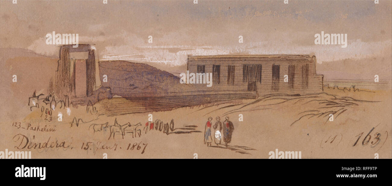 Dendera. Data/Periodo: 1867. Tema architettonico. Acquerello con penna a inchiostro marrone su grafite su moderatamente denso, leggermente strutturata, beige carta intessuta. Altezza: 67 mm (2.63 in); larghezza: 160 mm (6.29 in). Autore: Edward Lear. Foto Stock