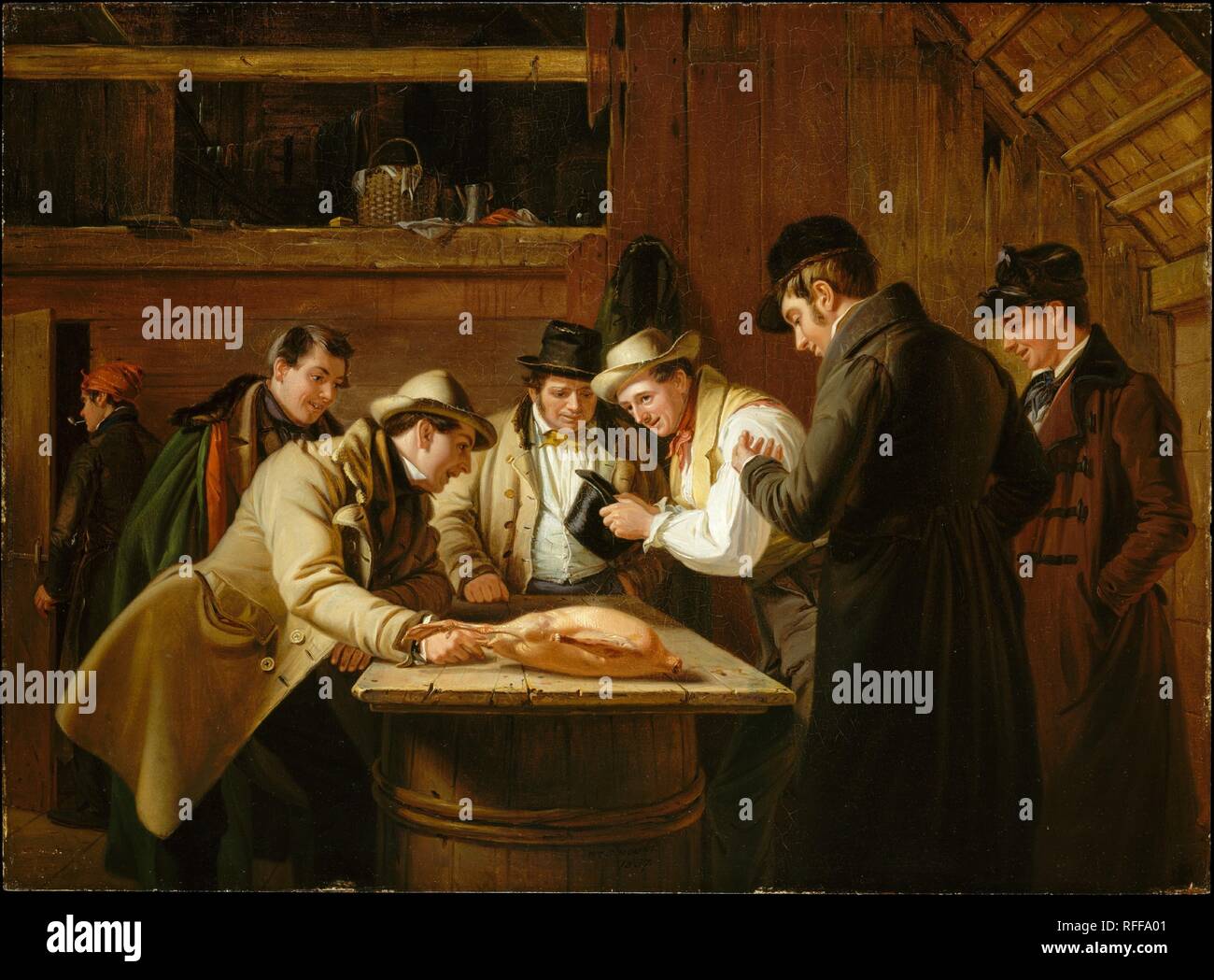 La Lotteria (Raffling per l'oca). Artista: William Sidney Mount (American, Setauket, New York 1807-1868 Setauket, New York). Dimensioni: 17 x 23 1/8 in. (43,2 x 58,7 cm). Data: 1837. America di maggior successo del pittore scene narrativa, il monte ha scelto come suoi sudditi vari aspetti della vita rurale la piatta isola lungo il paesaggio intorno a Stony Brook, New York, dove ha vissuto. Egli è riuscito a trascendere il manifesto il contenuto della sua foto per affrontare le realtà politiche e sociali del tempo. 'La lotteria (Raffling per l'oca),' che mostra una improvvisata lotteria, è stato il Monte di buon umore allusio Foto Stock