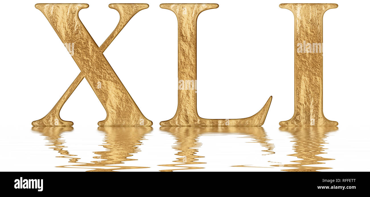 Numero romano XLI, unus et quadraginta, 41, Forty One, riflessa sulla superficie dell'acqua, isolato su bianco, 3D render Foto Stock