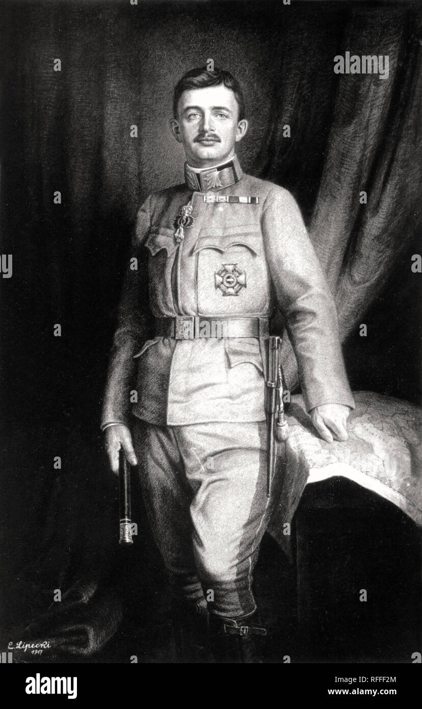 Carlo i o Carlo i (Karl Franz Josef Ludwig Hubert Georg otto Maria) (17 agosto 1887 – 1 aprile 1922) fu imperatore d'Austria, re d'Ungheria, re di Croazia, re di Boemia, e ultimo dei monarchi appartenenti alla Casa d'Asburgo-Lorena a governare l'Austria-Ungheria. Foto Stock