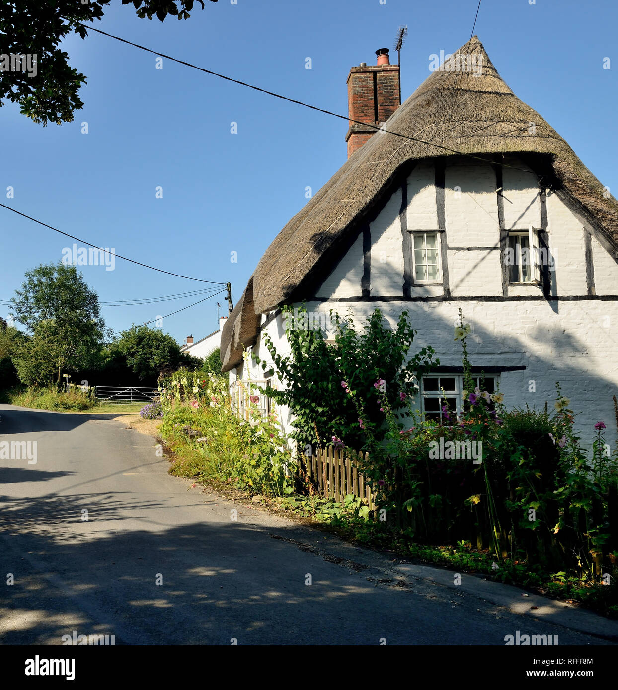 Strada cottage con il tetto di paglia nel Wiltshire villaggio di Clyffe Pypard. Foto Stock