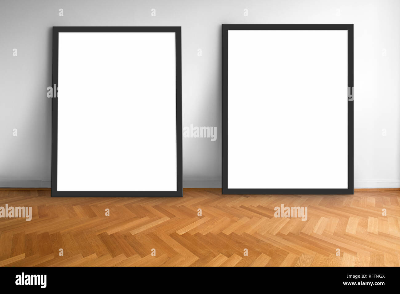 Due vuoto cornici sul pavimento in parquet muro bianco sfondo , fotogrammi vuoti Foto Stock