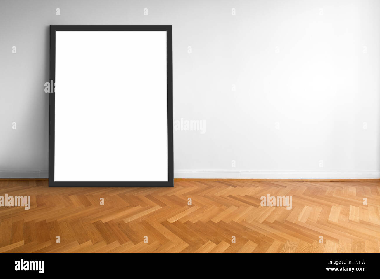 Empty picture frame su pavimento in legno bianco sullo sfondo della parete Foto Stock