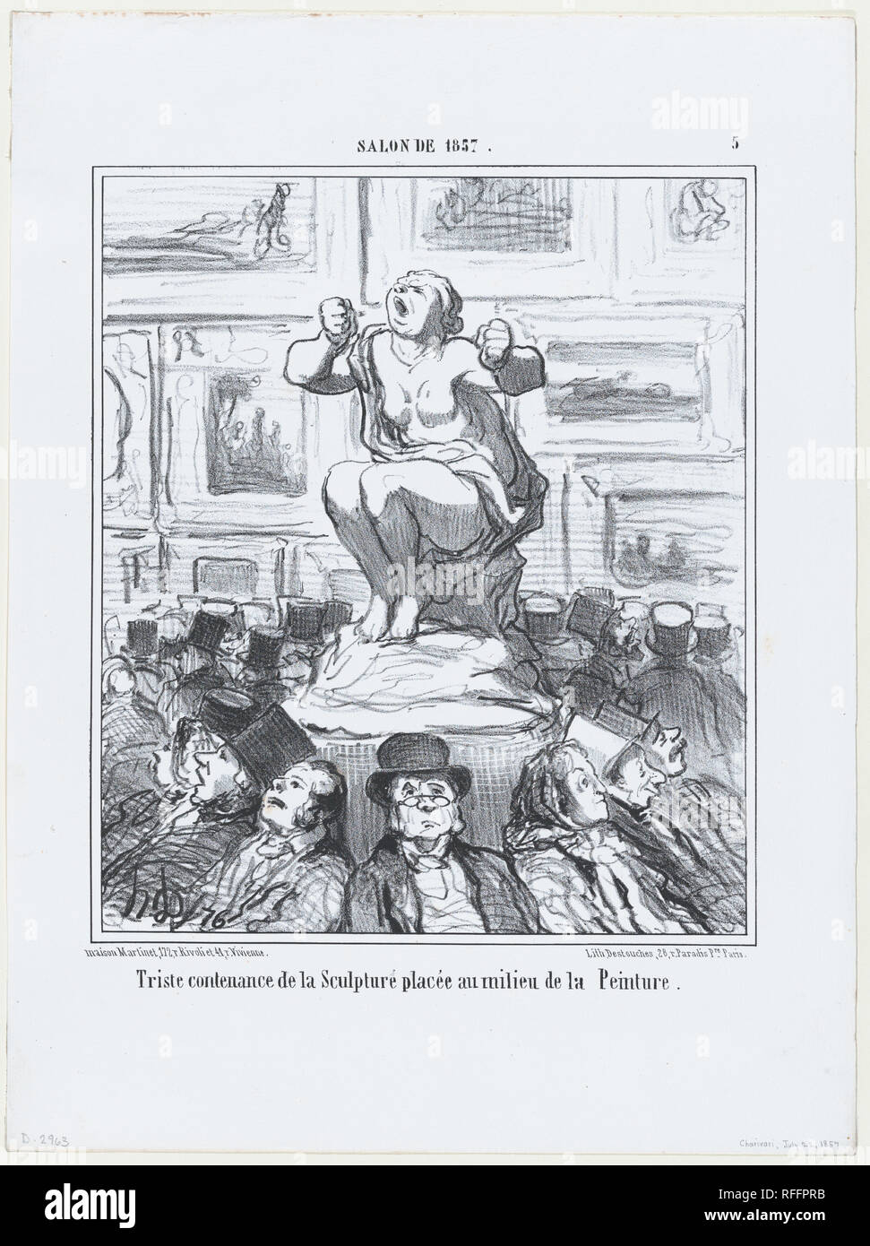 Udine contenimento de la scultura placée au milieu de la peinture, da Le Salon de 1857, pubblicato in Le Charivari, luglio 22, 1857. Artista: Honoré Daumier (francese, Marsiglia 1808-1879 Valmondois). Dimensioni: foglio: 14 1/8 × 10 9/16 in. (35,9 × 26,9 cm) Immagine: 9 7/16 x 8 1/16 in. (23,9 × 20,4 cm). Stampante: Destouches (Parigi). Editore: Aaron Martinet (Francese, 1762-1841). Serie/Portfolio: Le Salons de 1857. Data: Luglio 22, 1857. Museo: Metropolitan Museum of Art di New York, Stati Uniti d'America. Autore: Honoré Daumier. Daumier Honoré-Victorin. Foto Stock