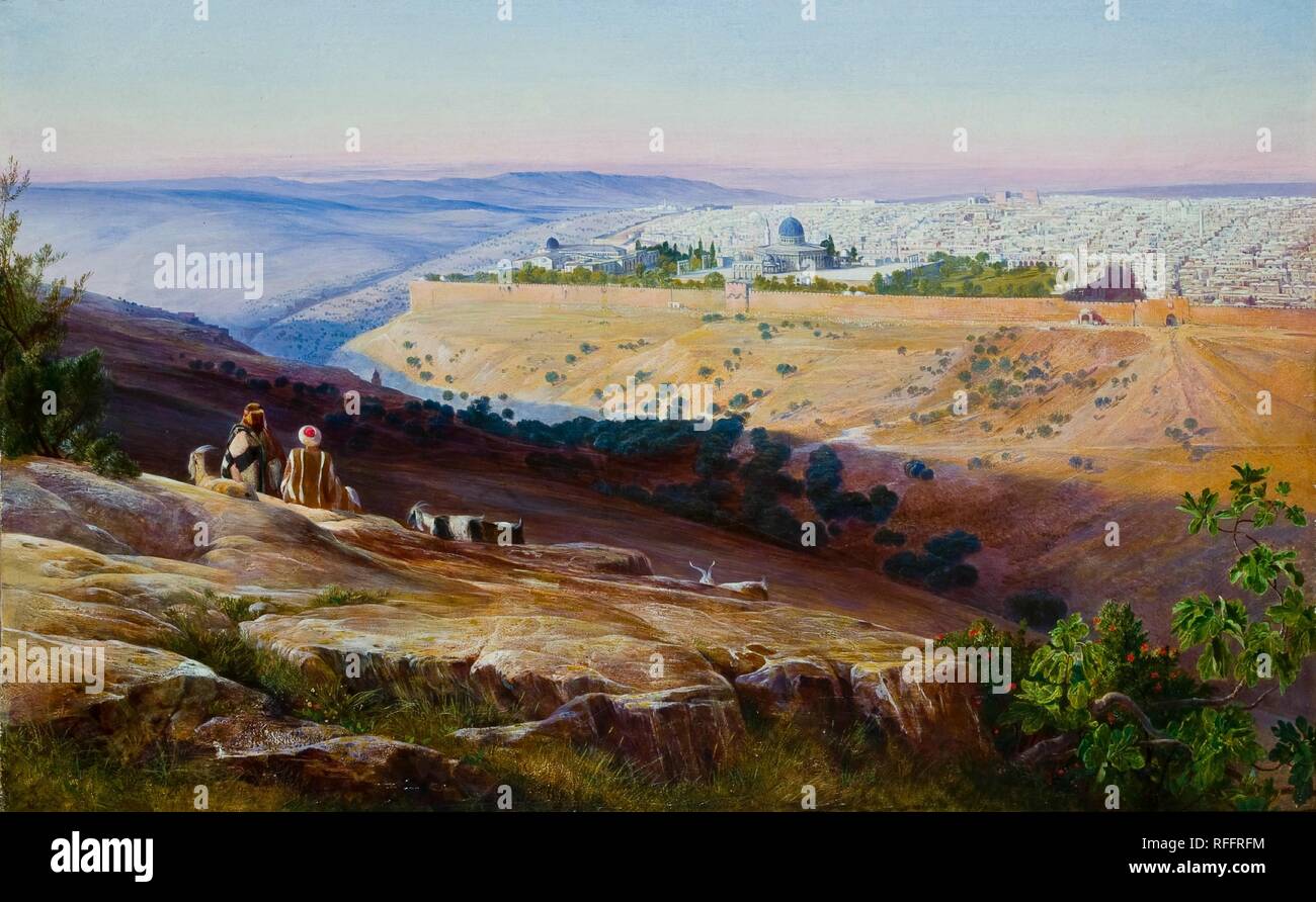 Gerusalemme dal monte degli Ulivi. Data/Periodo: 1858-1859. La pittura. Olio su carta montata su tela. Altezza: 45,5 cm (17,9 in); Larghezza: 74,5 cm (29,3 in). Autore: Edward Lear. Foto Stock