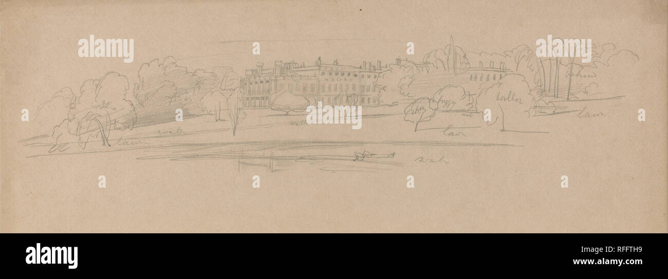 Knowsley Hall. Data/Periodo: ca. 1834. Tema architettonico. Grafite su moderatamente denso, leggermente strutturata, beige carta intessuta. Altezza: 138 mm (5.43 in); larghezza: 383 mm (15.07 in). Autore: Edward Lear. Foto Stock