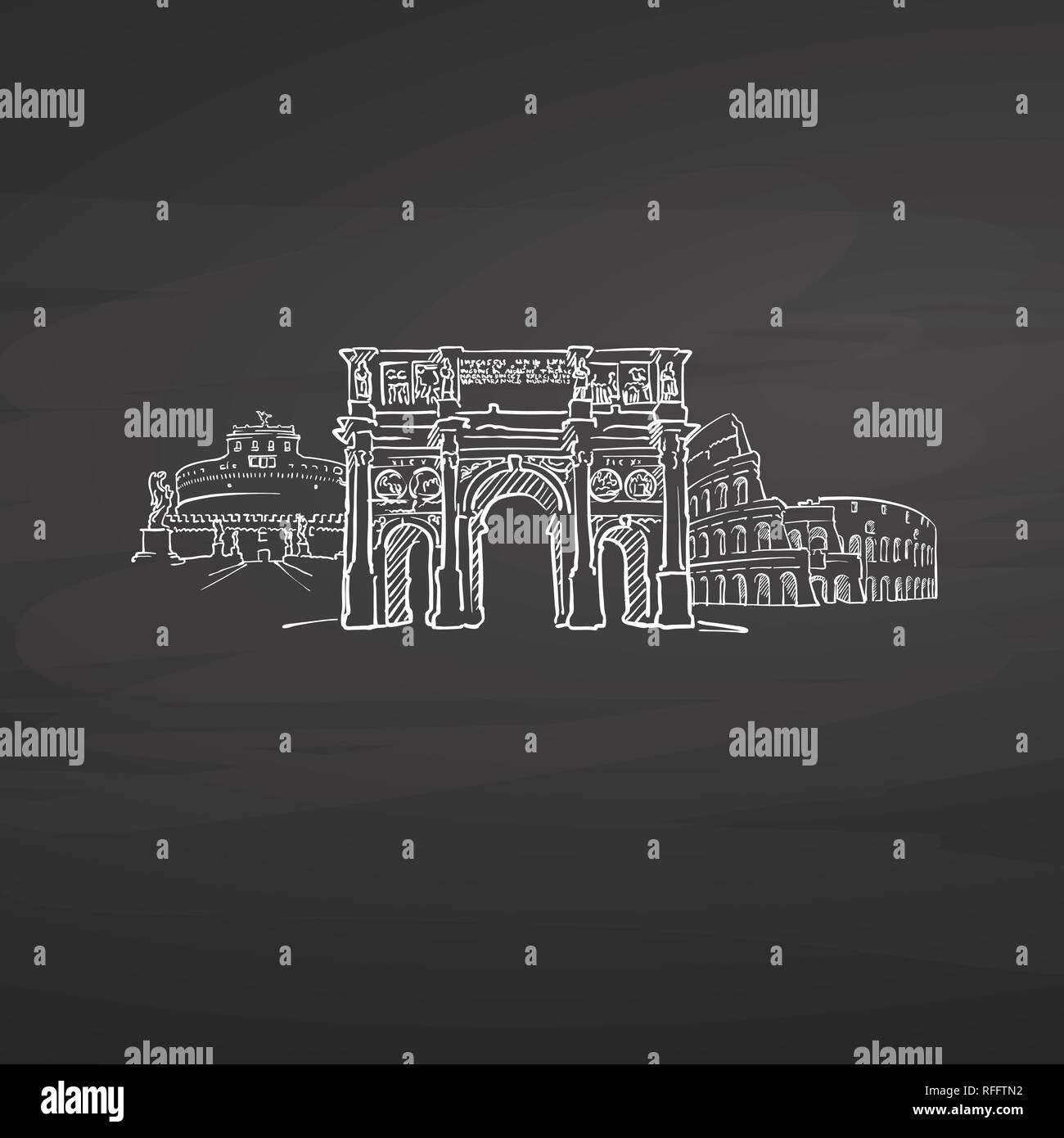 Roma Italia segni sulla lavagna. Digital chalk disegnata disegno vettoriale sulla lavagna. Capitali europee destinazioni. Illustrazione Vettoriale